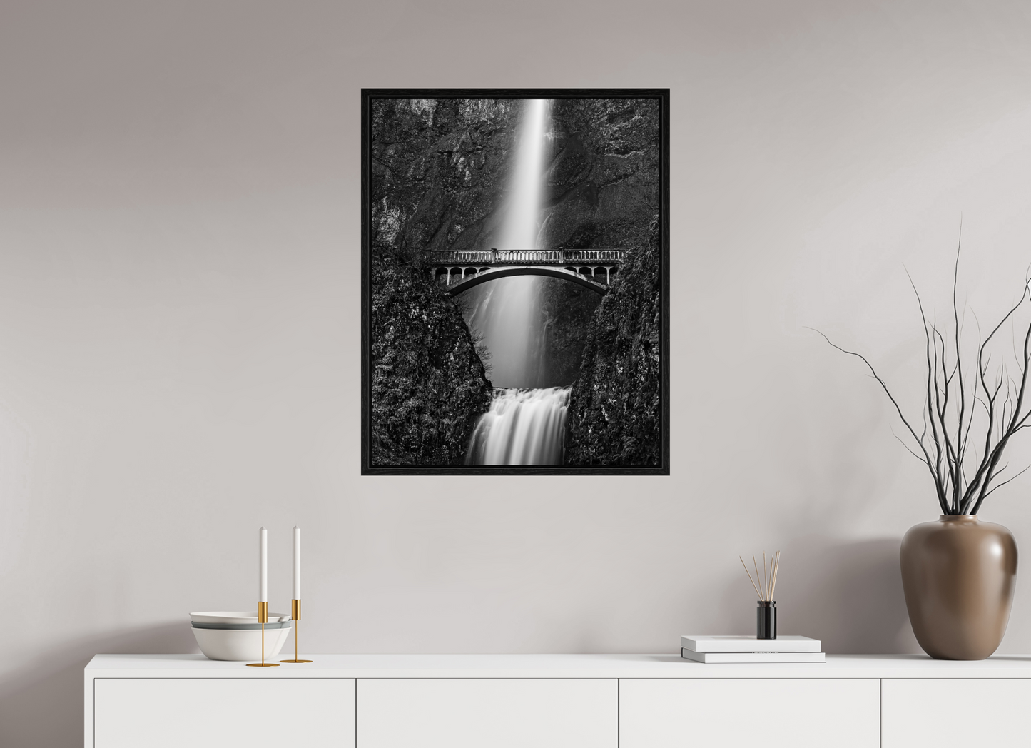 24 x 30.6″, Floater Frame Oregon's Multnomah Falls Black/White