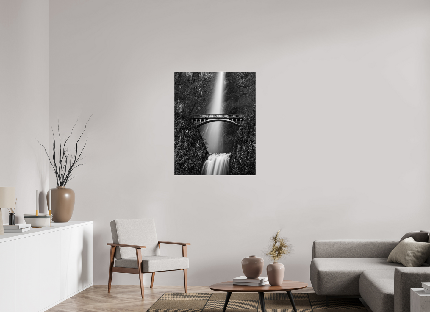 31 x 39.4″, Photo Print Under Acrylic Glass Oregon's Multnomah Falls Black/White