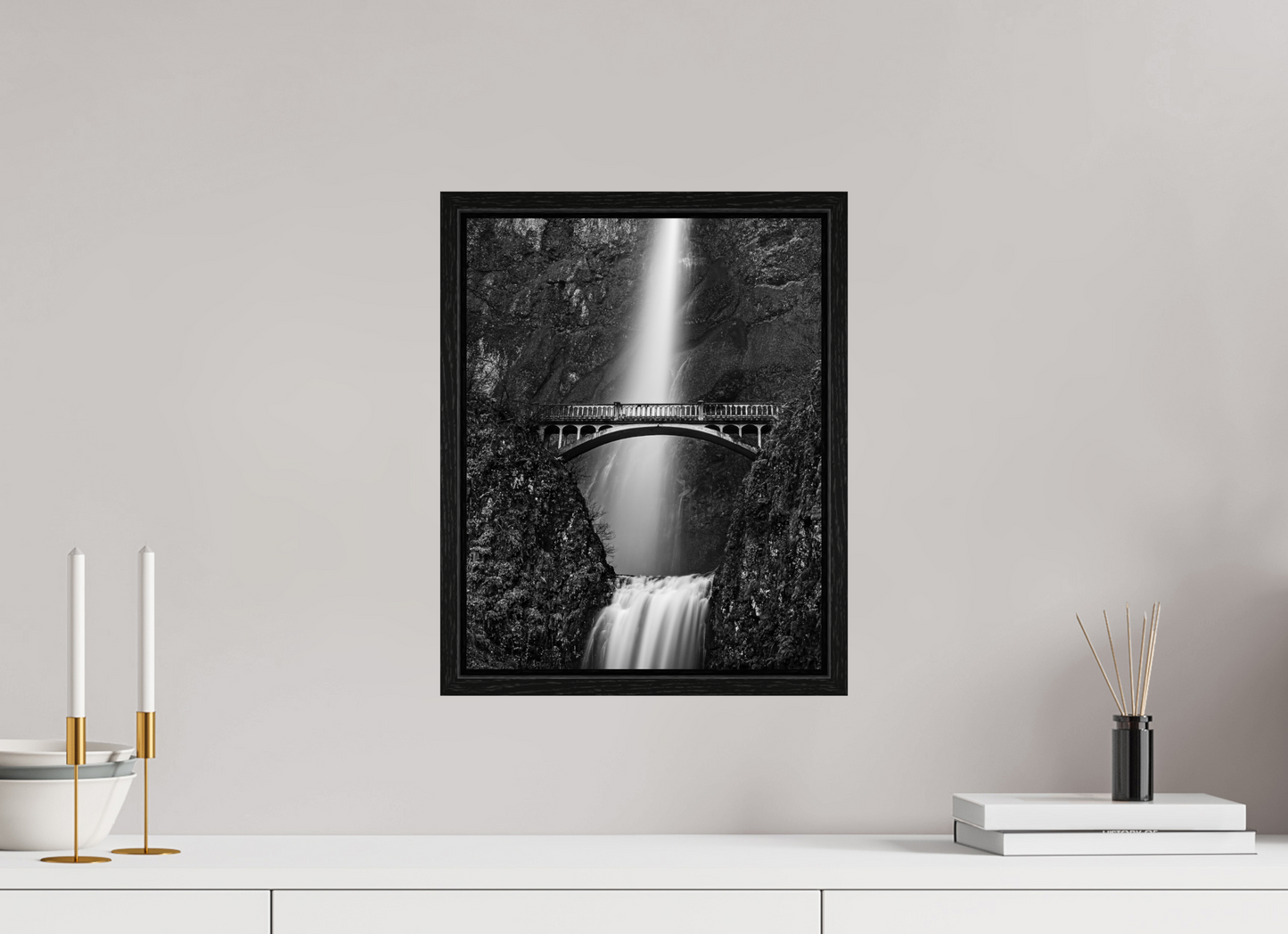 12 x 15.3″, Floater Frame Oregon's Multnomah Falls Black/White