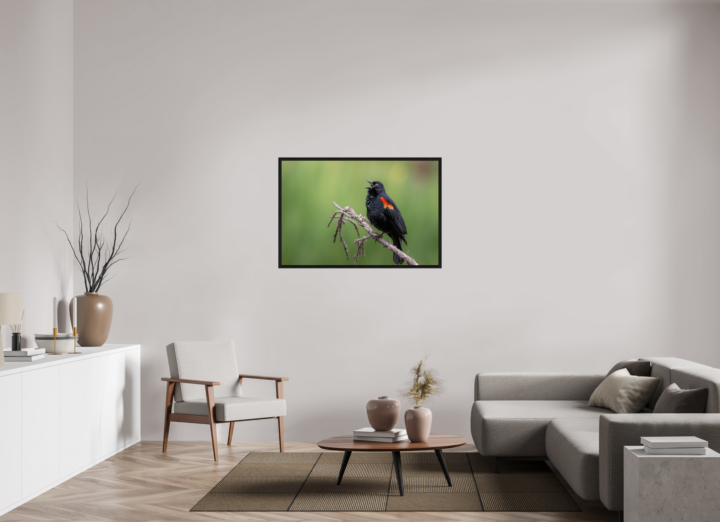 45 x 30″, Floater Frame Perched Red Winged Blackbird
