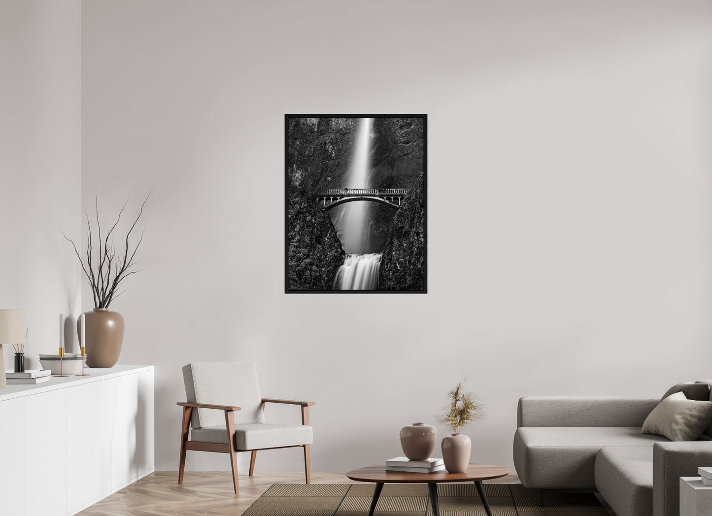 31 x 39.4″, Floater Frame Oregon's Multnomah Falls Black/White