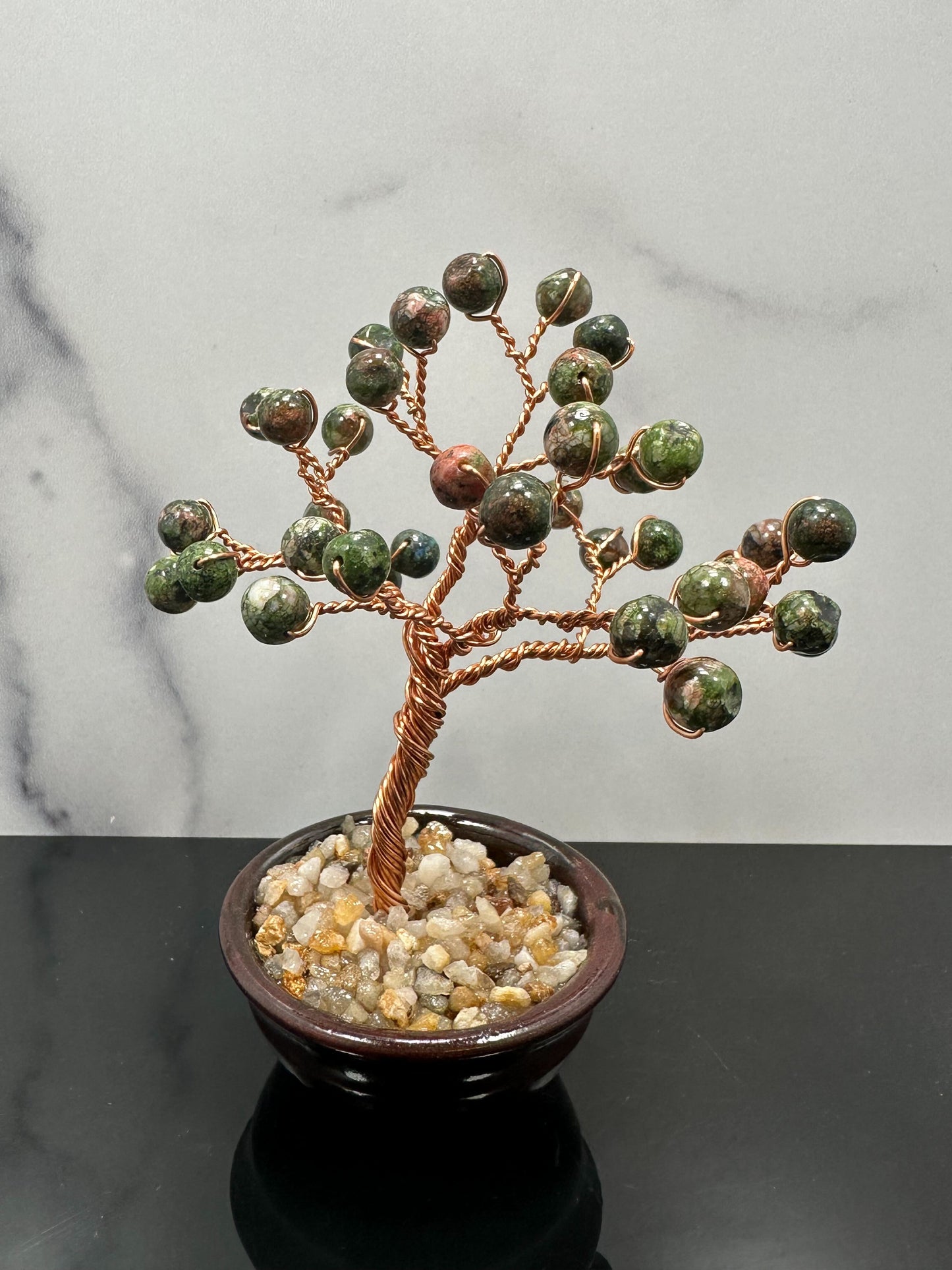 Green and Peach Jasper Crystal Tree with Ceramic Base and Natural Rocks