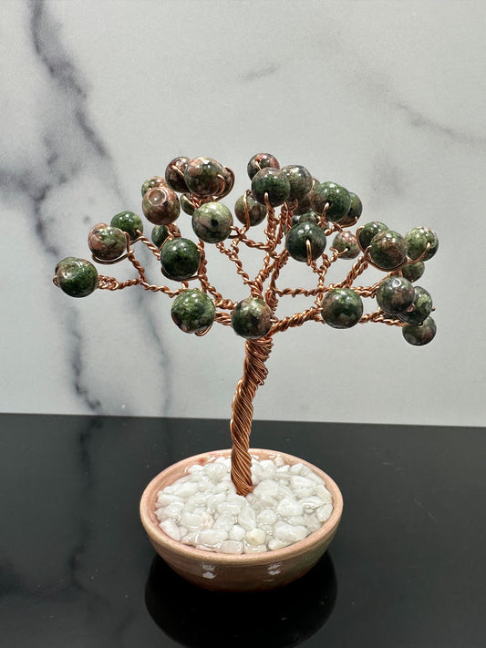 Green and Peach Jasper Crystal Tree with Ceramic Base and White Rocks
