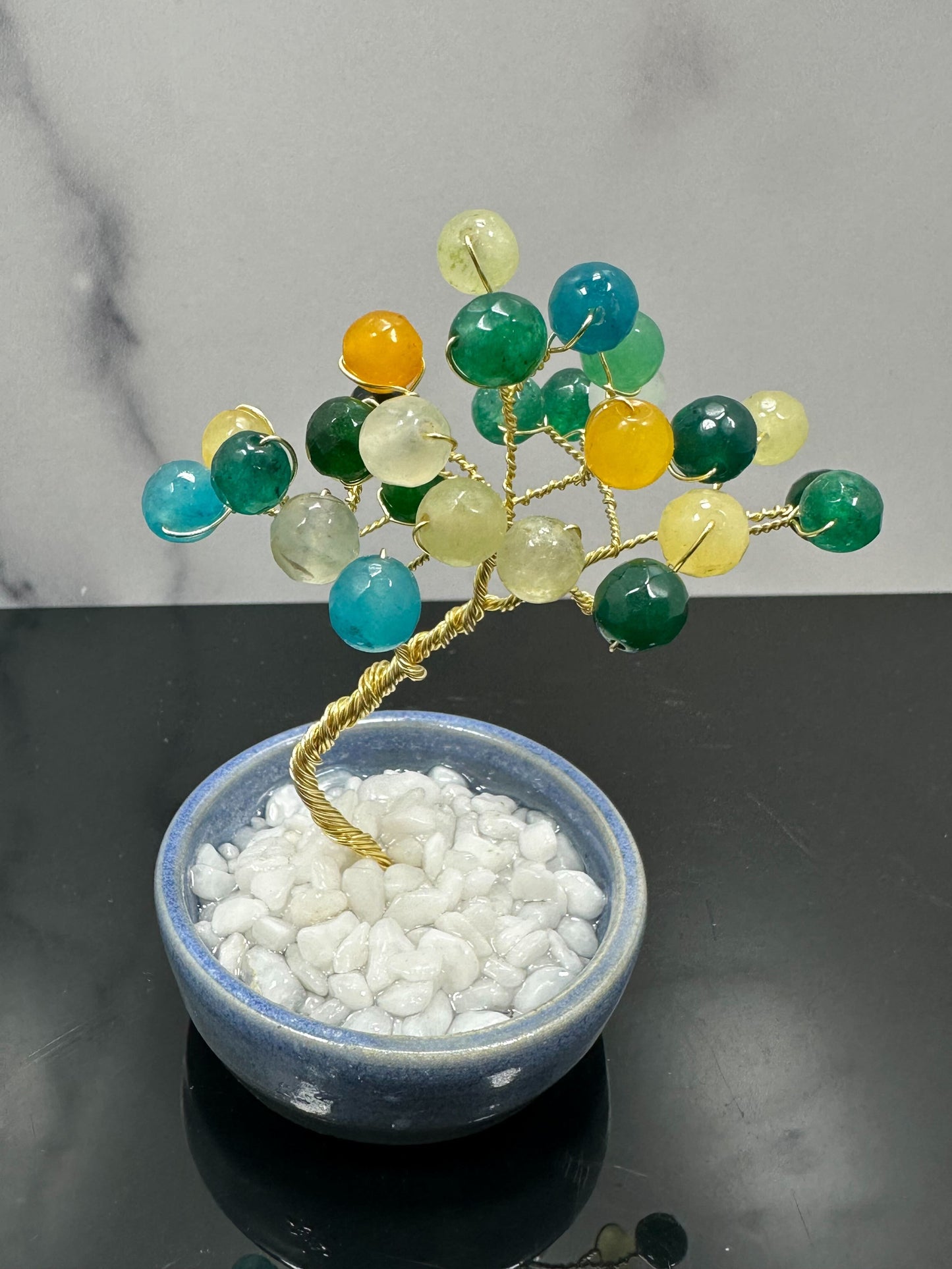 Blue, Green, and Yellow Agate Crystal Tree with Ceramic Base