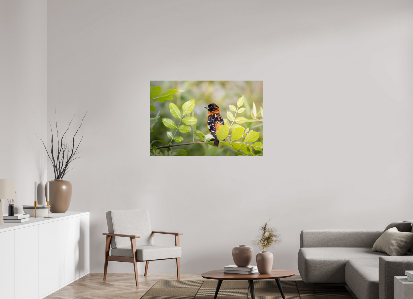 45 x 30″, HD Metal Print Poised Black Headed Grosbeak