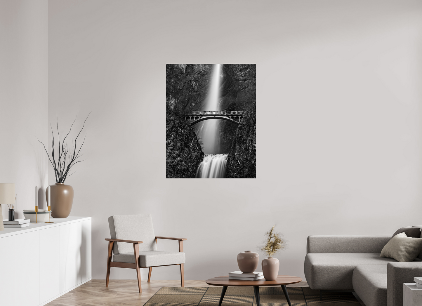 35 x 44.5″, HD Metal Print Oregon's Multnomah Falls Black/White